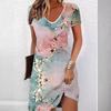 GMXIA Spring Summer Print Elegant Short-sleeved Crewneck Mid-length Dress