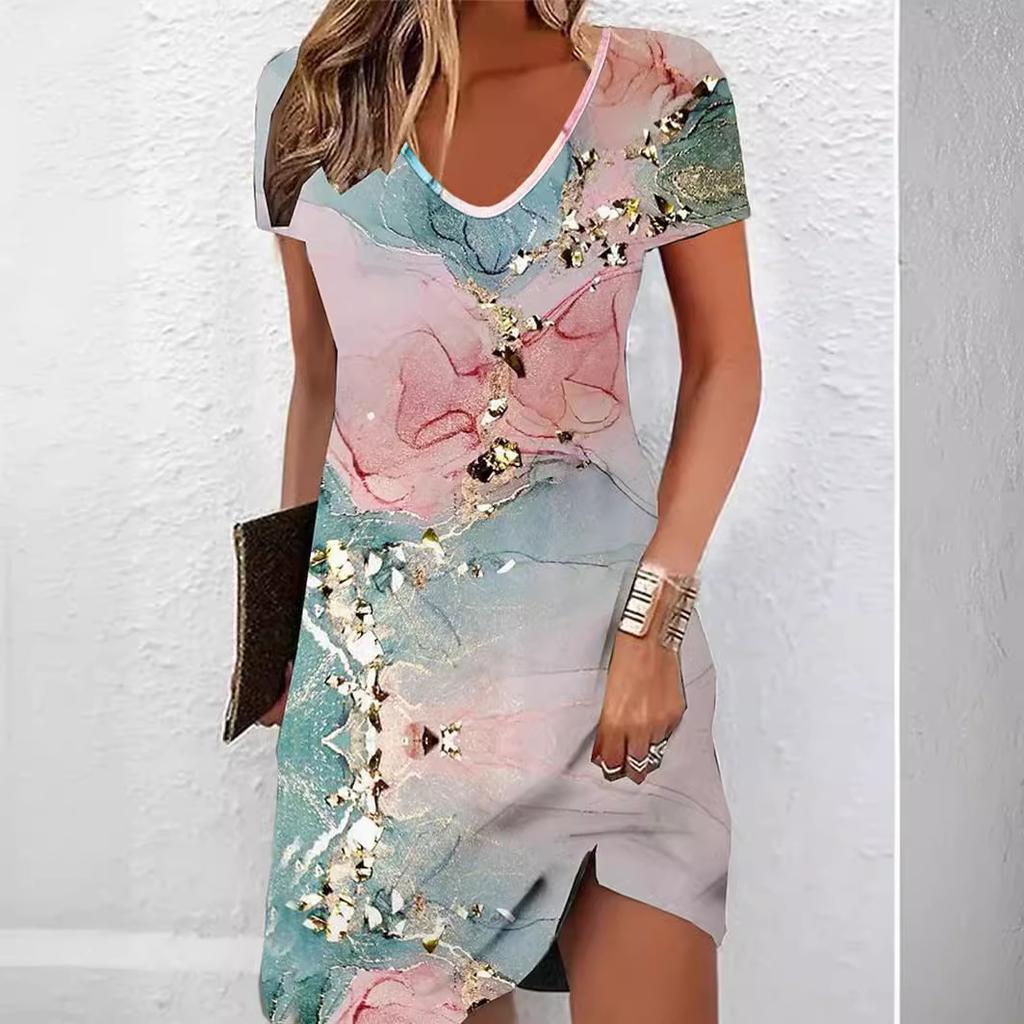 GMXIA Spring Summer Print Elegant Short-sleeved Crewneck Mid-length Dress