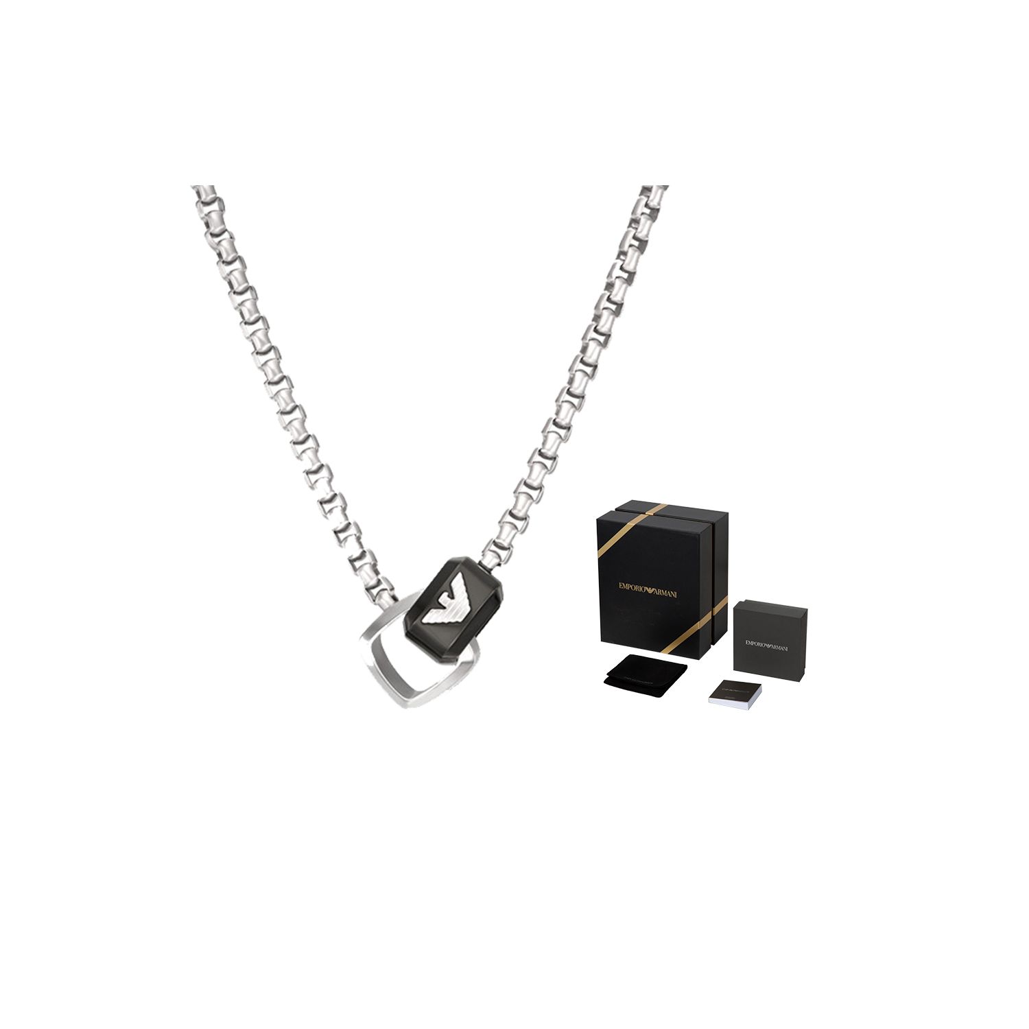 

Emporio Armani Cuban Link Black And Silver Double Ring Pendant Stainless Steel Necklace Men necklace EGS2937040 Basic Packaging-Box