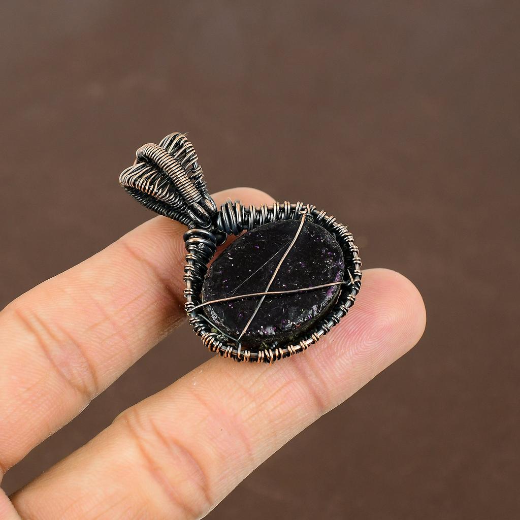 Natural Titanium Druzy, Labradorite Gemstone Copper Wire Wrap Pendant 1.77" u5U28