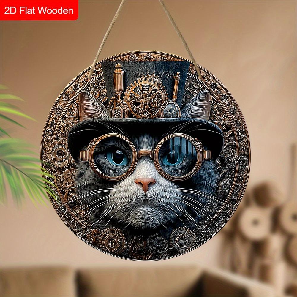 Retro Wooden Sign with Cool Cat Pattern - Unique Wall Pediments - Ideal for Front Door, Yard, Wall Decor