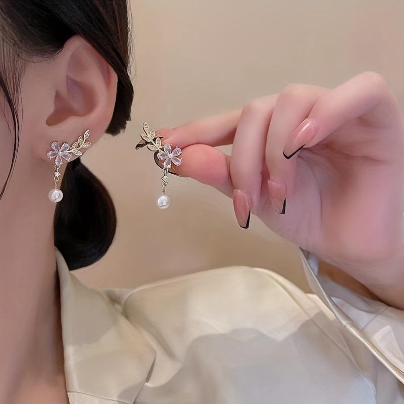 1 Pair Elegant Zircon Tassel Earrings Luxurious Pearl Flower Design Women Fashion Temperament Personal Pendant Jewelry Earrings