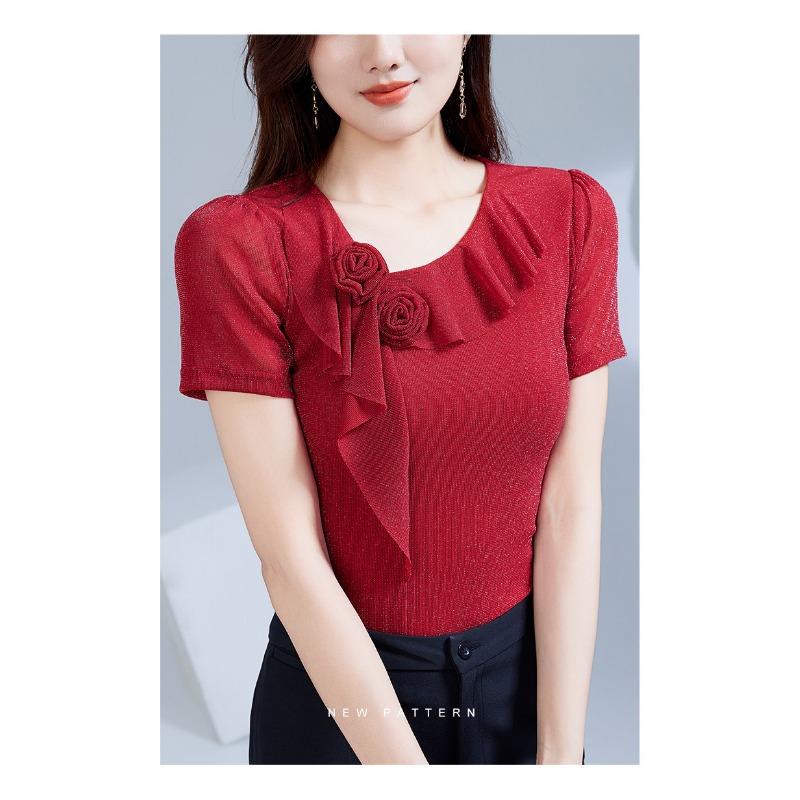 Neuer Stil Sommerstil Schrägkragenspitze Gazehemd Rüschenblumen Kurzarm-T-Shirt für Damen