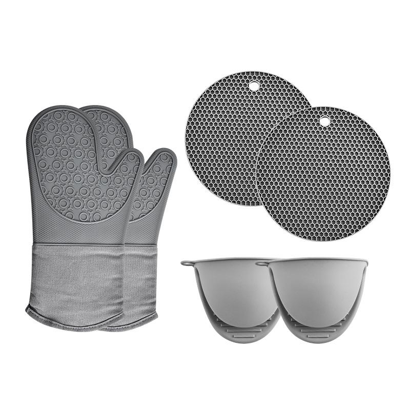 Thickened Silicone Heat Insulation Gloves Set with Hand Clip And Oven Mitts for Microwave And Baking Gray Plaid 34CM Modern
