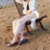 Cowhide version~ French niche wedge with thin strap open toe one-word strap sandals women's summer versatile beach sandals