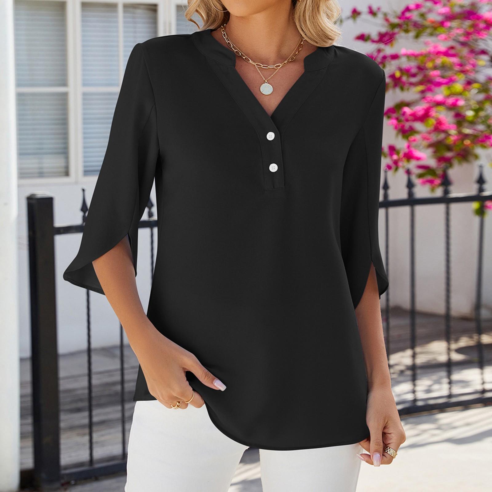 

Женская мода, однотонная повседневная шифоновая рубашка с v-образным вырезом и пуговицами, разделенными средними рукавами, топ L чёрный
