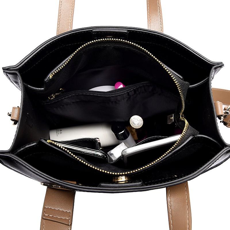 Large Capacity Tote Bag Women Stitched PU Shoulder Daily Commute Casual Use Black Khaki