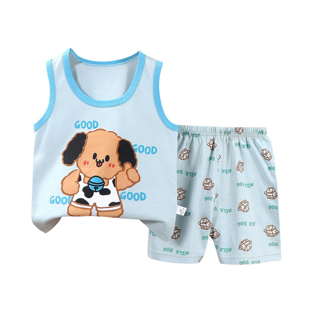 Cotton Kids Summer Sleeveless Shorts Set With Animal Cartoon Prints For Boys And Girls