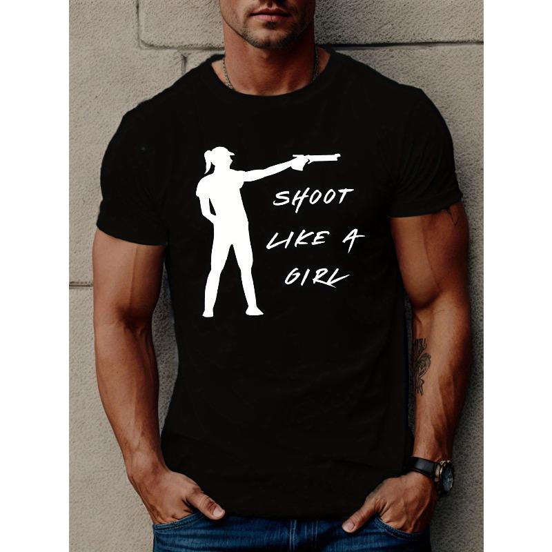 Men'S Casual Crew Neck T-Shirt - "Shoot Like a Girl" Graphic, Geometric Pattern, Regular Fit, Summer Top