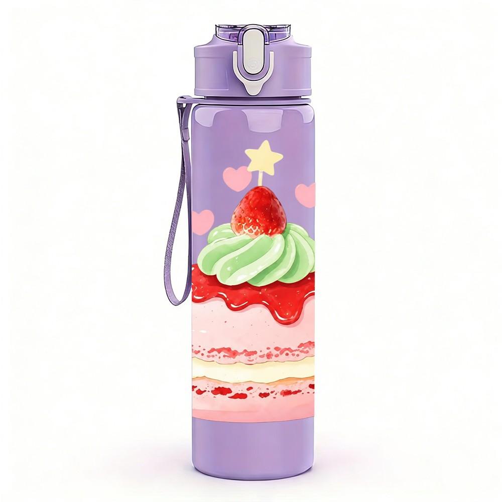 1PC Sweet Birthday Cake Print 750ml Color Plastic Sports Water Bottle Leakproof Flip Straw Lid Suitable for Sports Office Home Use