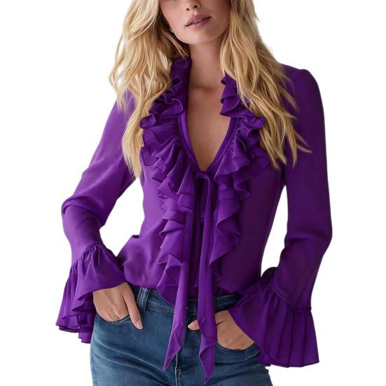 Women Shirt V-neck Ruffle Trim Flared Long Sleeve Casual Tops Pure Color Office Lady