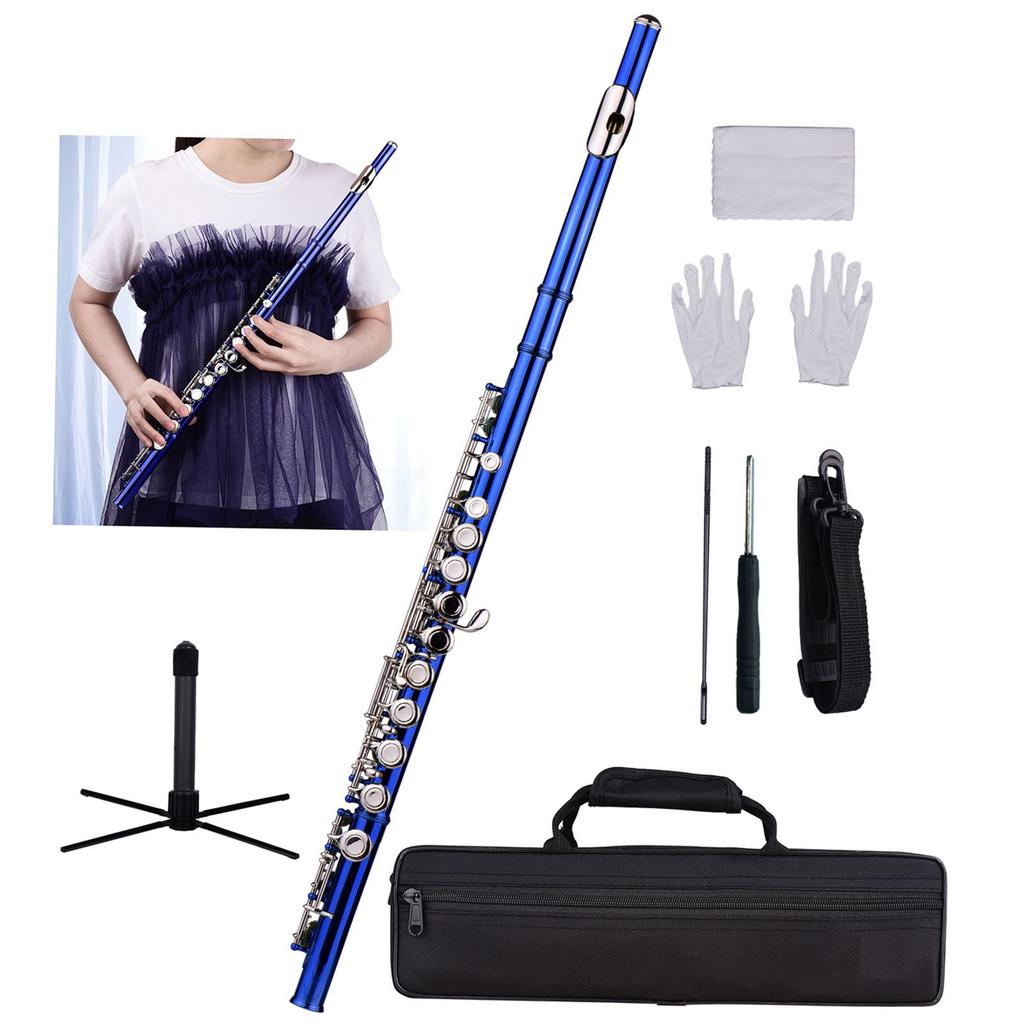 Closed Hole C Flute 16 Keys Cupronickel Nickel plated Wind Instrument with Carry Case Flute Stand Gloves Cleaning Cloth