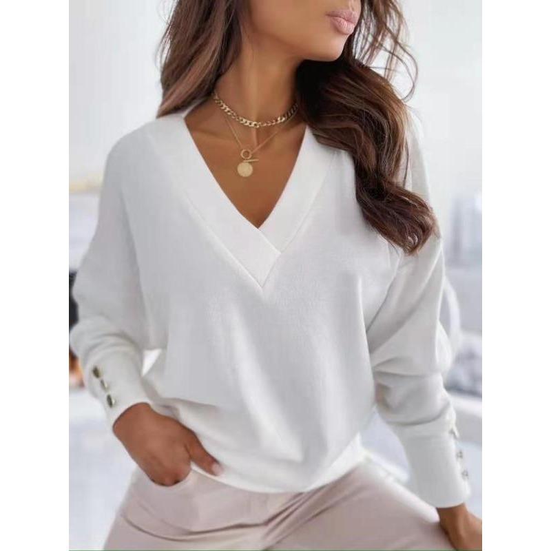Spring and Autumn New Casual Fashion Loose Solid Color Button V Neck Long Sleeve T-Shirt for Women
