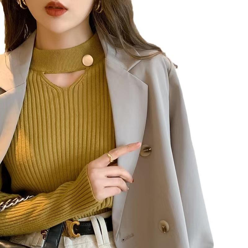 Semi-turtleneck Knitted Sweater Women's Foreign Trade New Design Sense Slim Bottoming Shirt Autumn and Winter Inside with Thin Sweater Inside