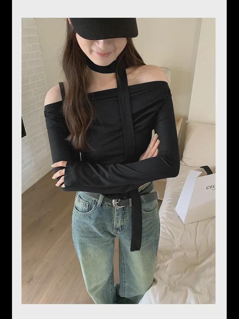 Women's 2024 One-Shoulder Slim Long-Sleeve Top and Scarf Set - Spring/Autumn Edition