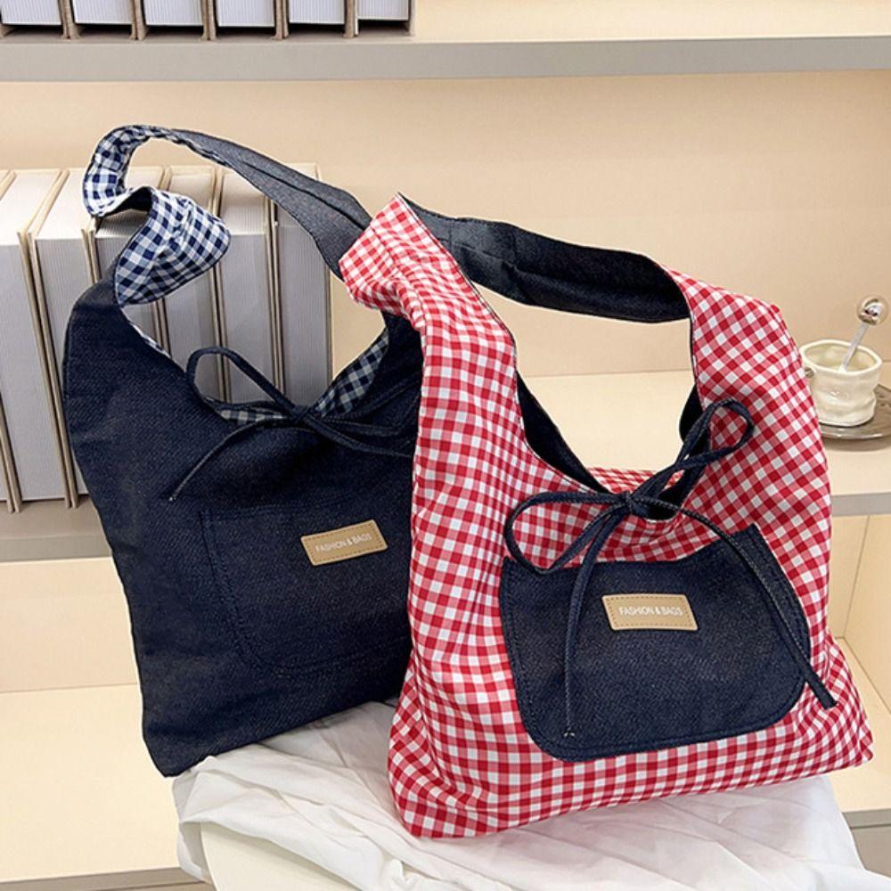 Lattice Denim Shoulder Bag Cloth Canvas Tote Bag Vintage Double Sided Plaid Denim Vest Bag  Women