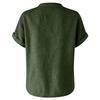 Women's Casual Linen Blend V-Neck Blouse, Short Sleeve Rolled Cuff Loose Fit Tunic Top, Summer Stand Collar Shirt