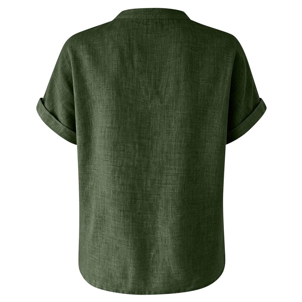 Women's Casual Linen Blend V-Neck Blouse, Short Sleeve Rolled Cuff Loose Fit Tunic Top, Summer Stand Collar Shirt