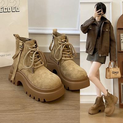 Super Fire Maillard Increases Height and Looks Thin Thick-soled Martin Boots 2025 Autumn New Retro Big Head Lace-up Short Boots for Women