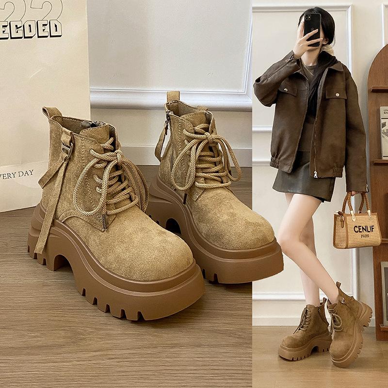 Super fire Maillard increases height and looks thin thick-soled Martin boots 2025 autumn new retro big head lace-up short boots for women