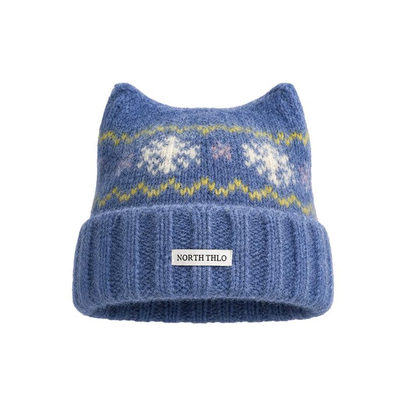 2026 autumn and winter new Fair Island wind cat ear wool hat, fleece warm cold hat, big head circumference and small knitted hat