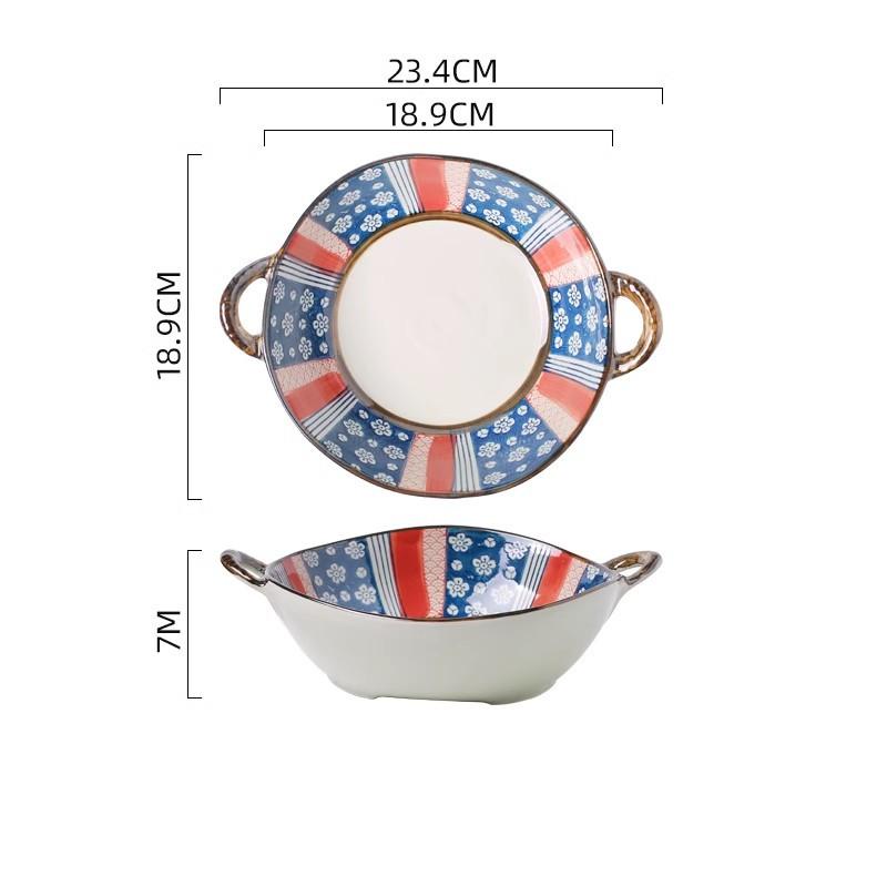 1PC Japanese Style Double-handle Soup Bowl Ceramic Noodle Bowl Kitchen Tableware Pasta Salad Bowl Home Microwave Oven Bakware