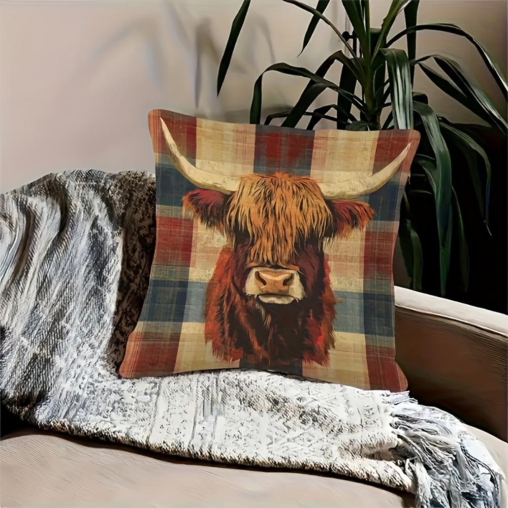 Funda de Cojín a Cuadros de Vaca de las Tierras Altas Rústica 2D para Sofá Cama Decoración de Granja