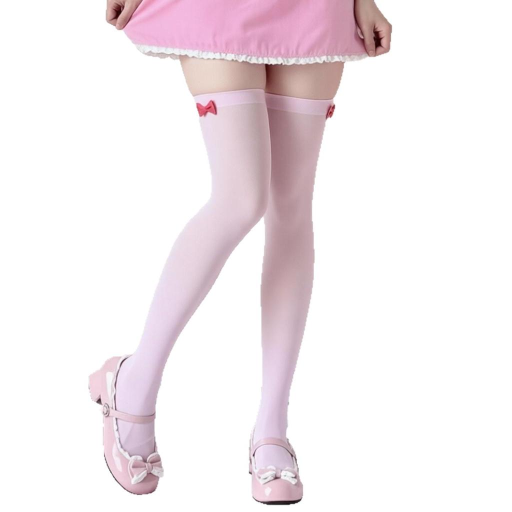 In-Stock Pink Over-the-Knee Women's Socks, Summer Thin Style with Bow, JK Ballet Style White Stockings