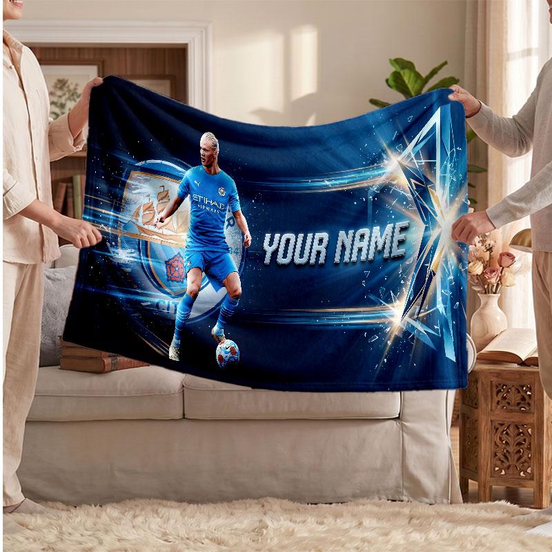 Erling Haaland Personalized Fleece Blanket With Football Logo, Custom Name Text Soft Warm Home Throw Blanket