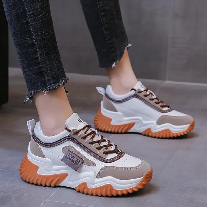 Women Mixed Color Chunky Platform Sneakers Spring Fashion Thick Soled Vulcanized Shoes Woman Lace Up Increase Casual Sports Shoe