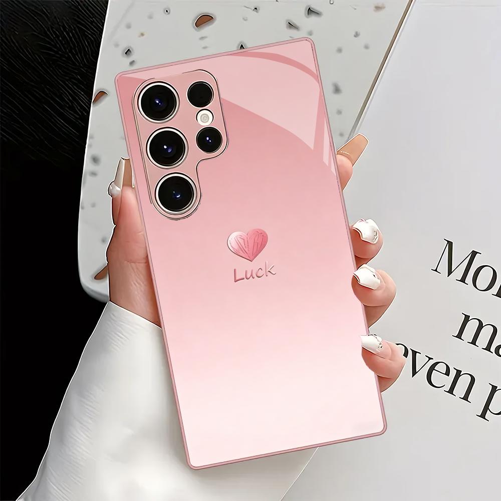 Rosa herzförmige metallische Lackglas-Handyhülle geeignet für Samsung Galaxy S26 S25 S24 S22 S21 S20 FE/Ultra/Plus stoßfest