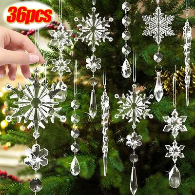 36-5PCS Clear Crystal Snowflake Icicle Ornament Acrylic Xmas Tree Hanging Pendant Holiday New Year Home Party Hanging Decoration