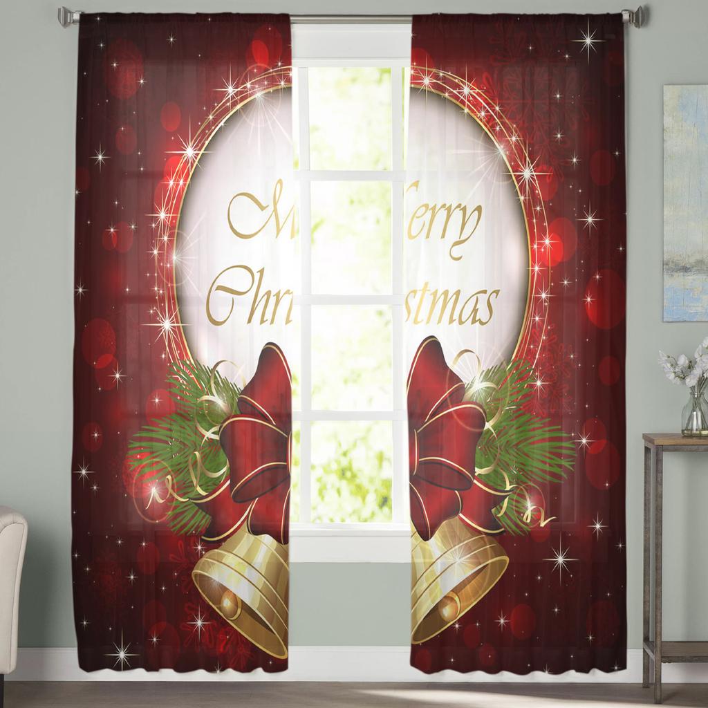 Christmas Bells Letters Bow Ribbon Tulle Sheer Window Curtains for Living Room Bedroom Christmas Decor Voile Curtains Drapes