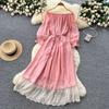 Sweet Women's Dress Slash Neck Long Lantern Sleeves Bandage Gathered Waist Spliced Lace Loose A-line Dresses