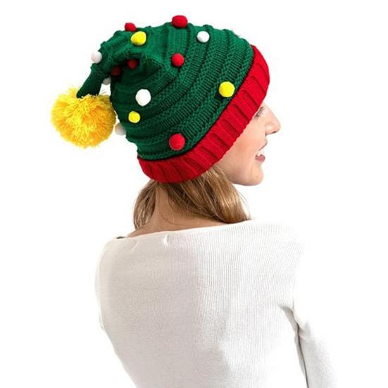 Christmas Knitting Hat Red Green Patchwork Color Knitted Wool Ball Decoration Holiday Hat Festive Party Wear