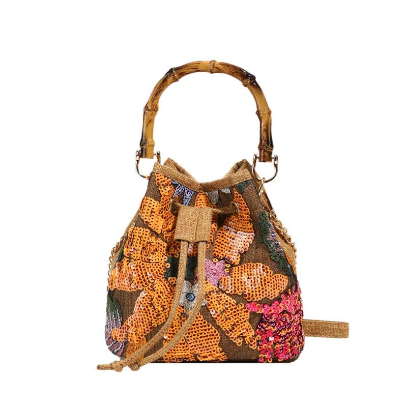 Vintage Elegant Women s Bucket Bag - Heavy Craftsmanship Tulle Embroidery Flower Sequin Chain Crossbody Bag