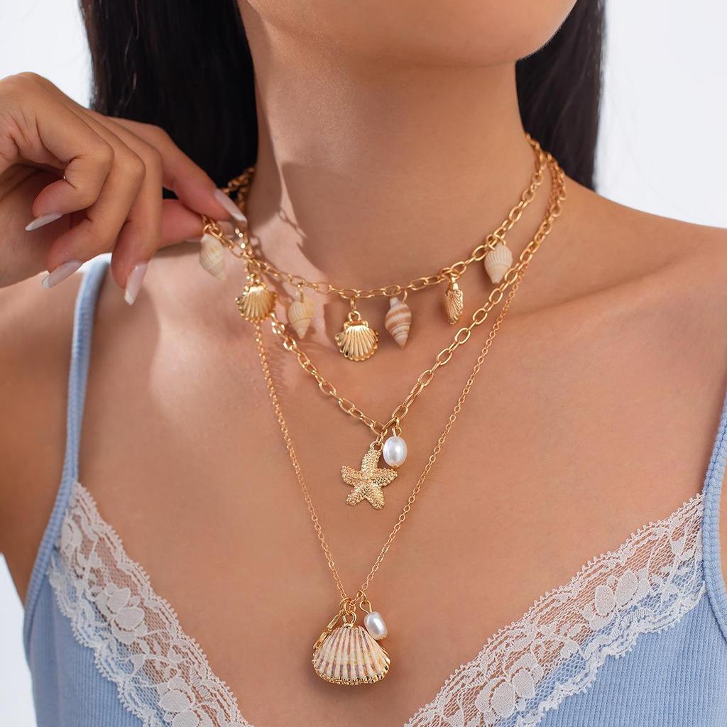3pcs Bohemian Shell Starfish Pendant Necklace Ocean Series Multi-layered Alloy Pearl Clavicle Chain Necklaces for Women Summer Fashion Jewelry