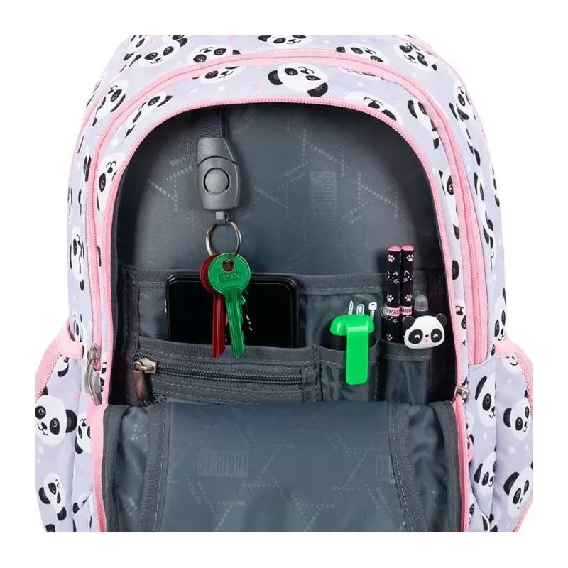 Majewski St. Right Backpack for Grades 1-4, 3 Compartments, Grey Panda Collection, Lightweight Ergonomic School Bag BP-26