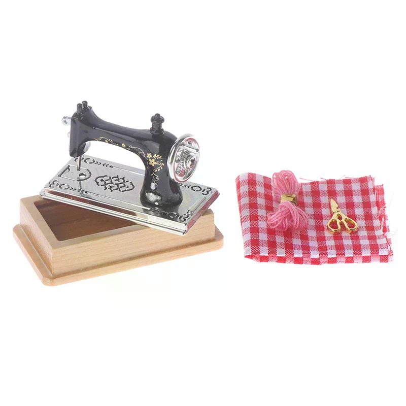1/12 Dollhouse Miniature Sewing Machine with Scissors Thread Cloth For Kids Children Toy Safe For Children Non Toxic