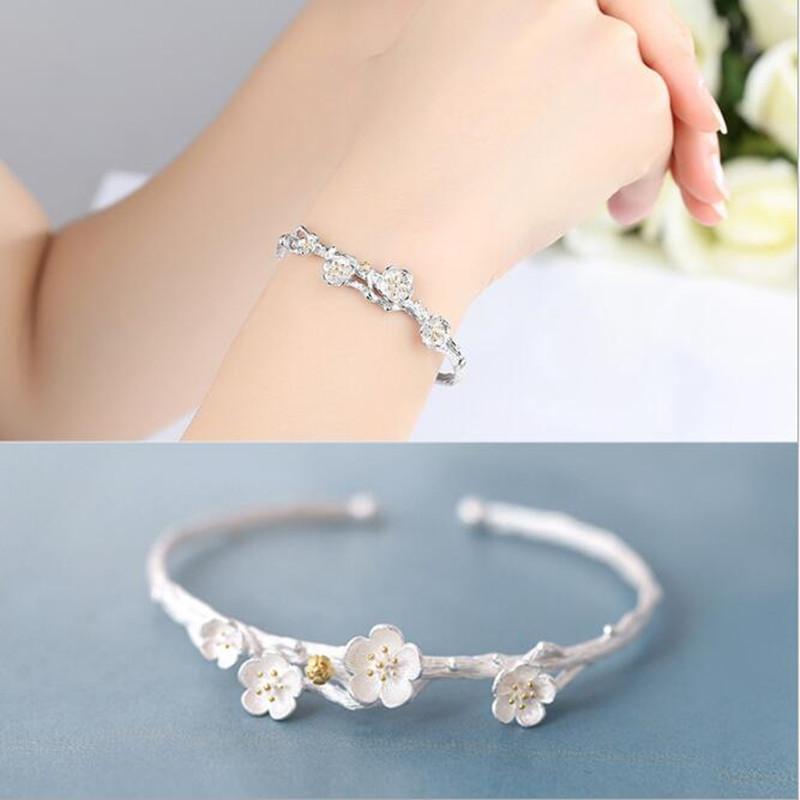

Creative Fashion 925 Sterling Silver Jewelry Exquisite Cherry Flower Blossom Branches Allergy Opening Bracelets SL014 серебряный