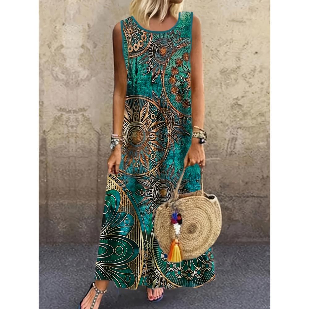 

Women s Casual Dress with a Round Neck Sleeveless Featuring Paisley Pattern Print Leisure Bohemian Trendy Ankle-length S