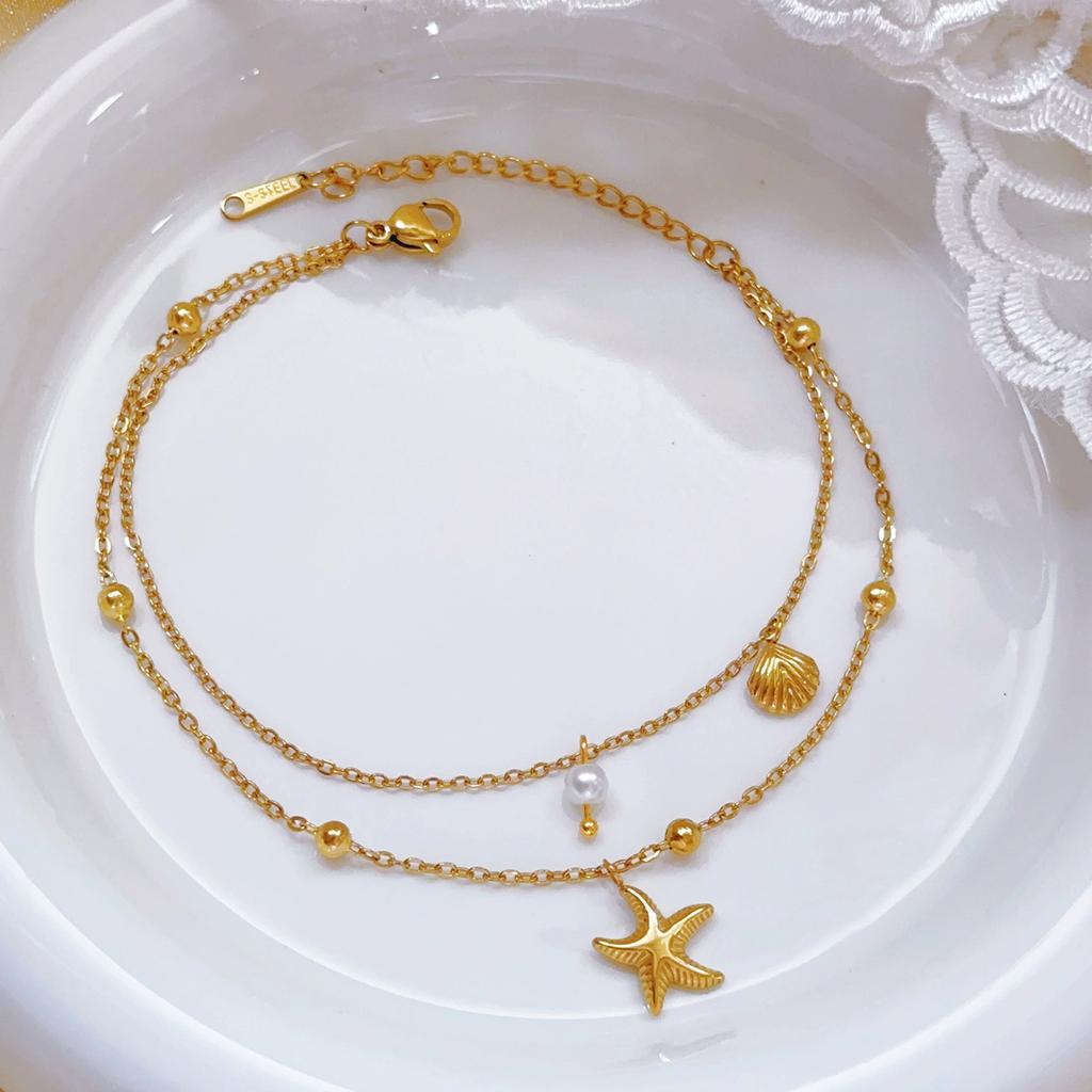 316L Stainless Steel 2025 New Fashion Waterproof  2-layer Pearl Shell Starfish Charming Chain Anklets