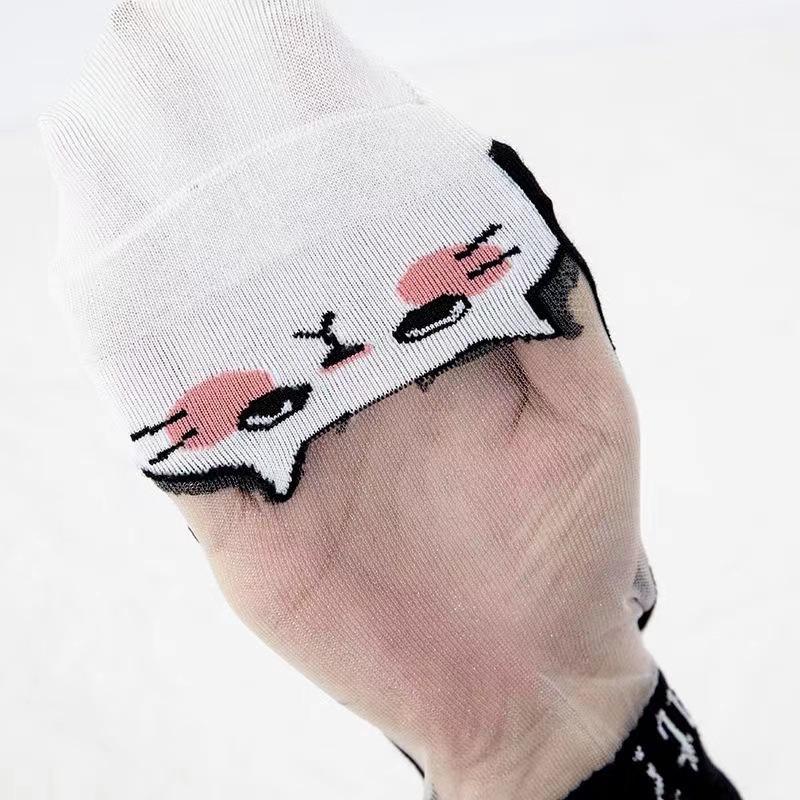 5Pairs/Lot Summer Socks Black And White Cat Glass Silk Breathable Female Socks Simple Short Socks