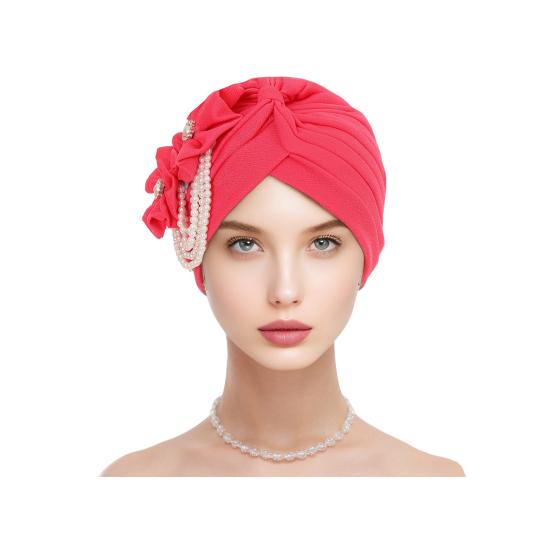 Women Headscarf Hat Imitation Pearls Flower Decor Turban Hat Solid Color Stretchable Fit Headband Sleep Hat