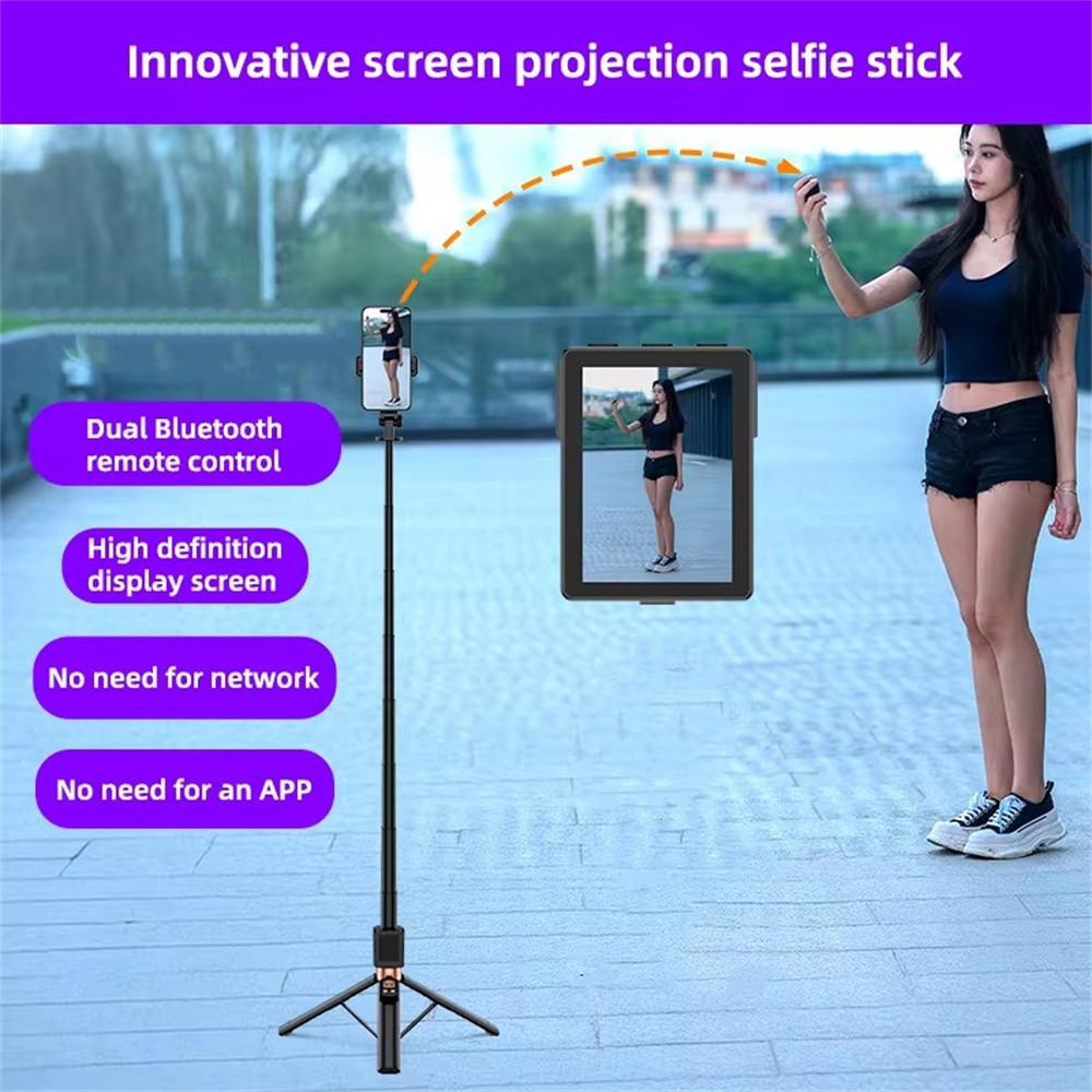 1.7m New 5 in 1 Projection Rear Camera Selfie Stick with Selfie Monitor Screen Brush Bluetooth Remote Control Scrolling 7