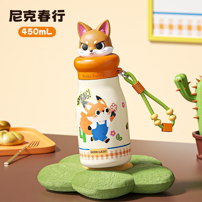 Cute Cartoon Children's Thermos Cup 111 Stainless Steel Straw Cup Portable Student Water Cup with Lifting Rope Value Gift