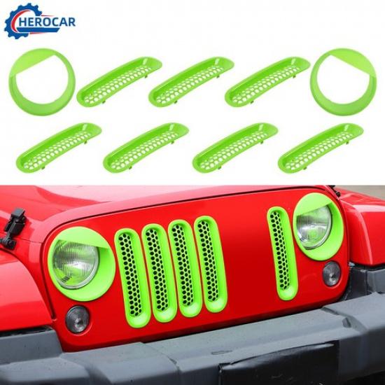 9pc Front GRILLE ERTS & HEADLIGHT Frame Bezel Trim Cover for Jeep Wrangler JK