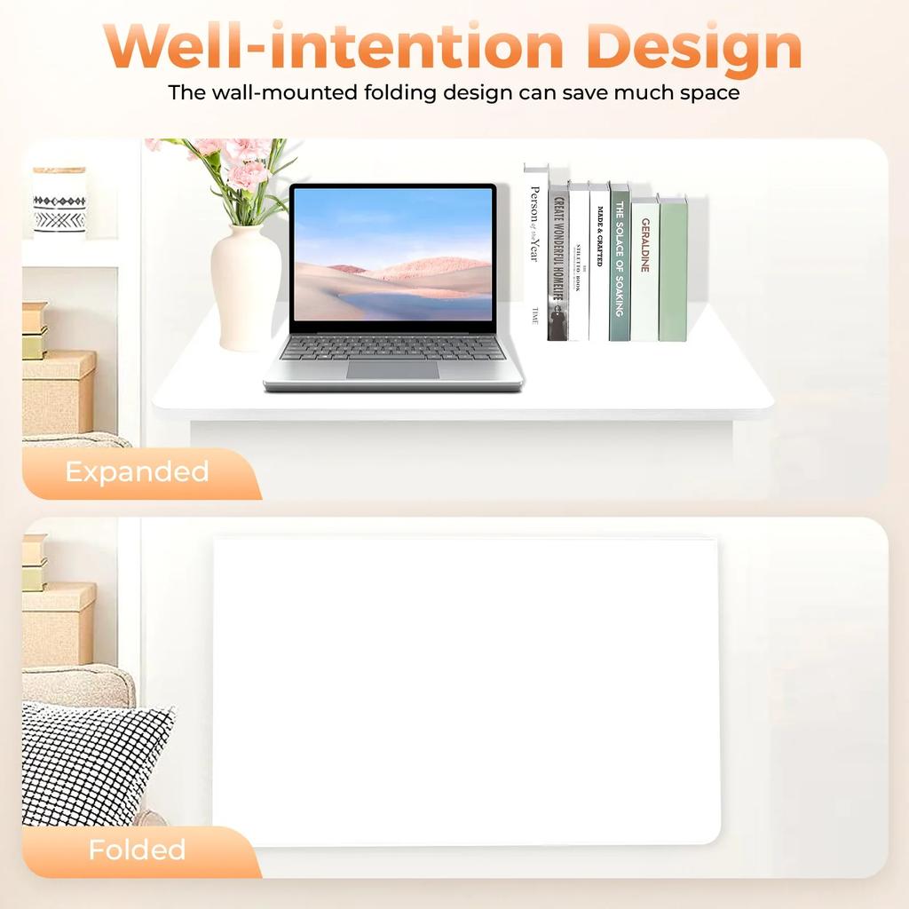 White Wall Mounted Folding Table - 44.09 Pounds Carrying Capacity, 60*40cm - Space Saving Storage Organizer for Bedroom, Kitchen
