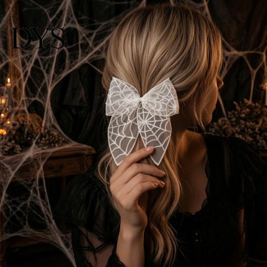 Halloween Hair Accessories Lace Bow, Bat/Spider/Web Embroidery Hairpin, Gothic Style Asian Dark Girl Clip Large Bow for Cosplay Party Sweet Cool