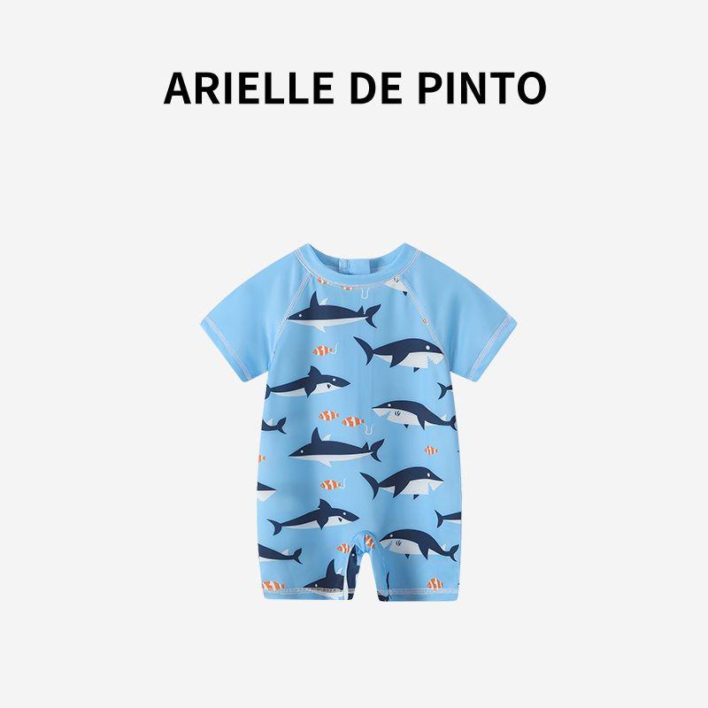 French Arielle De Pinto Children s One-Piece Short sleeve Swimsuit Boys  Summer Cute Shark Vacation Swimsuit Blue 90